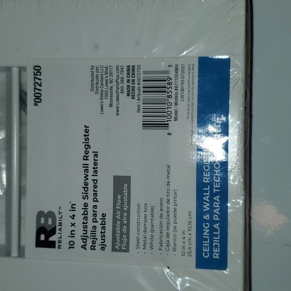 New Reliabilt 10 X 4 White Steel Construction Register w/metal Damper Box - Picture 4 of 5